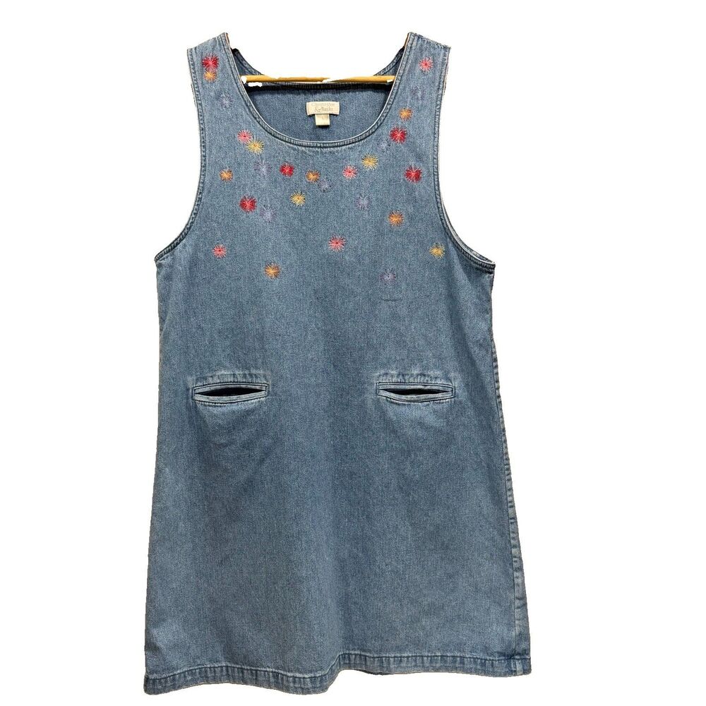 CHRISTOPHER & BANKS Women's Size L Denim Starburst Embroidered Jumper Dress VTG